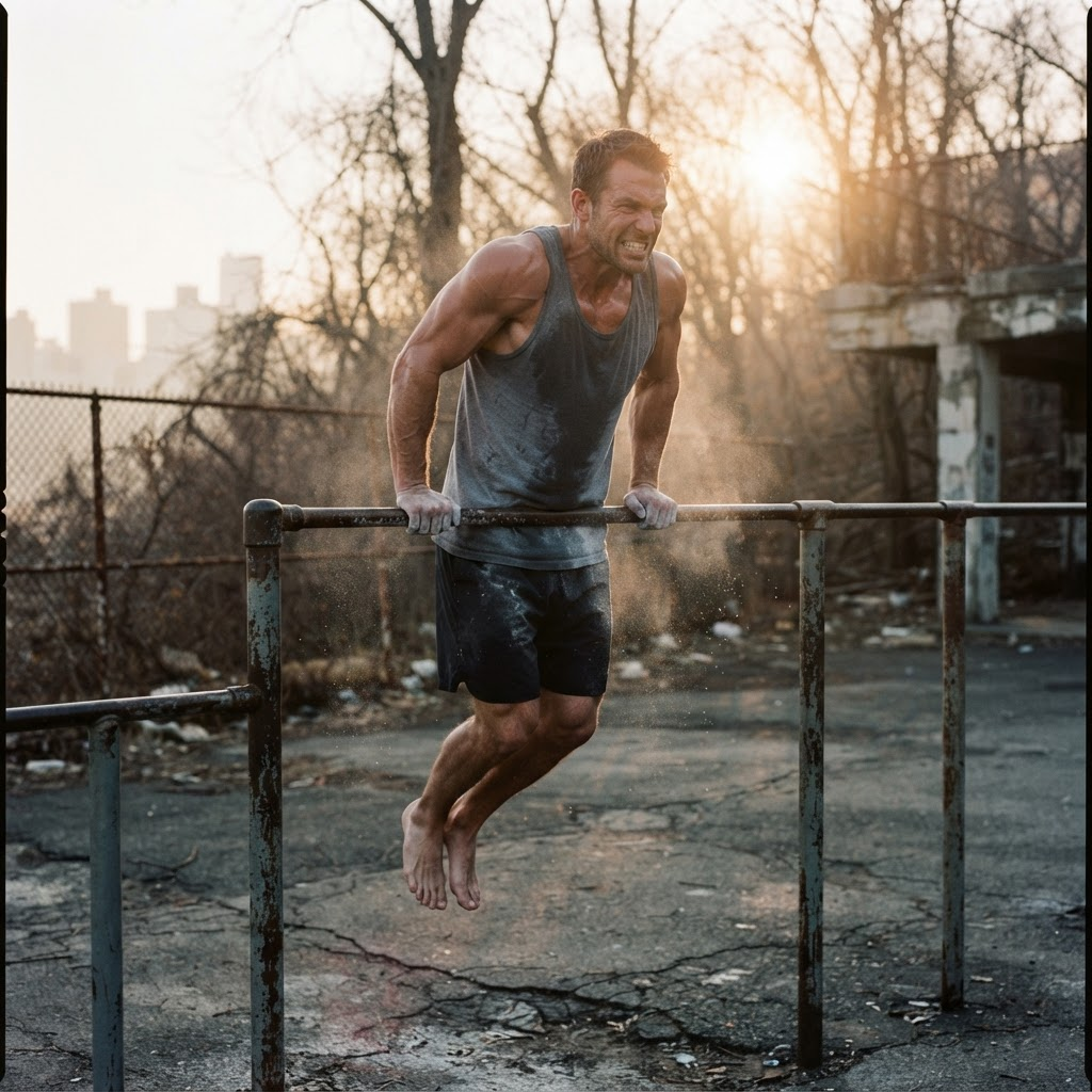 An athlete mid-muscle-up on weathered steel outdoor park pull-up bars at dawn