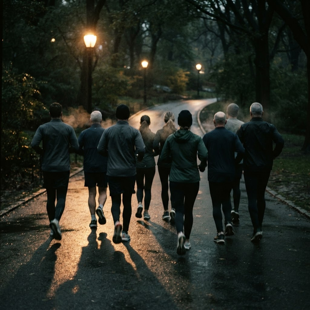 A pack of runners heading away from the camera along a wet park trail at dawn